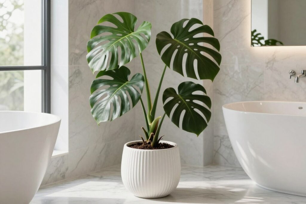 Large monstera plant in luxury bathroom corner next to modern bathtub