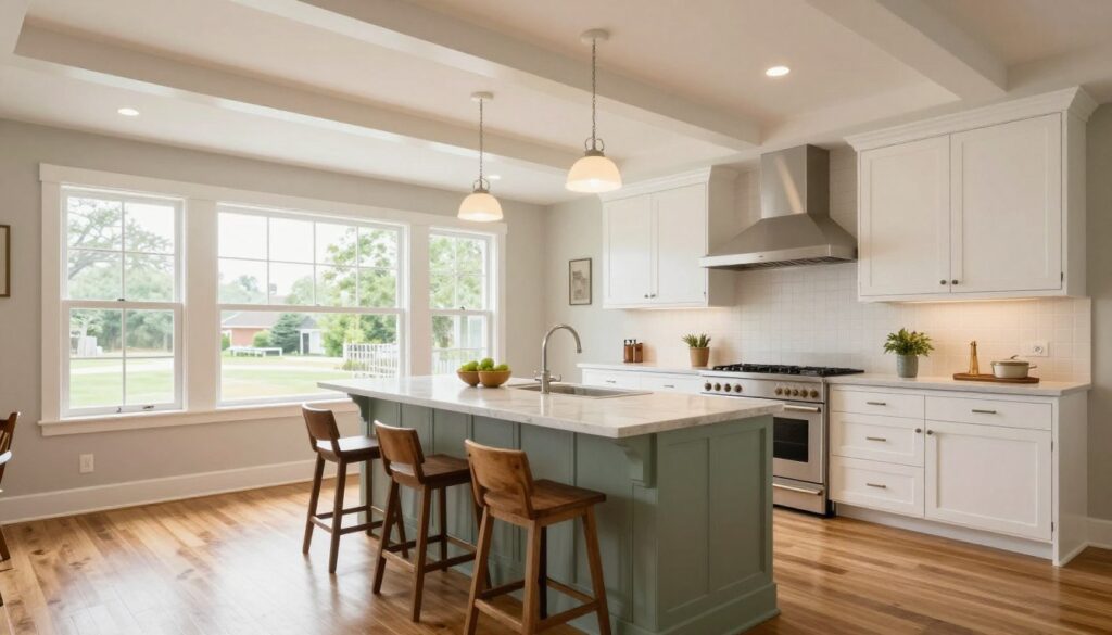 Large open concept kitchen with sage green island and white perimeter cabinets