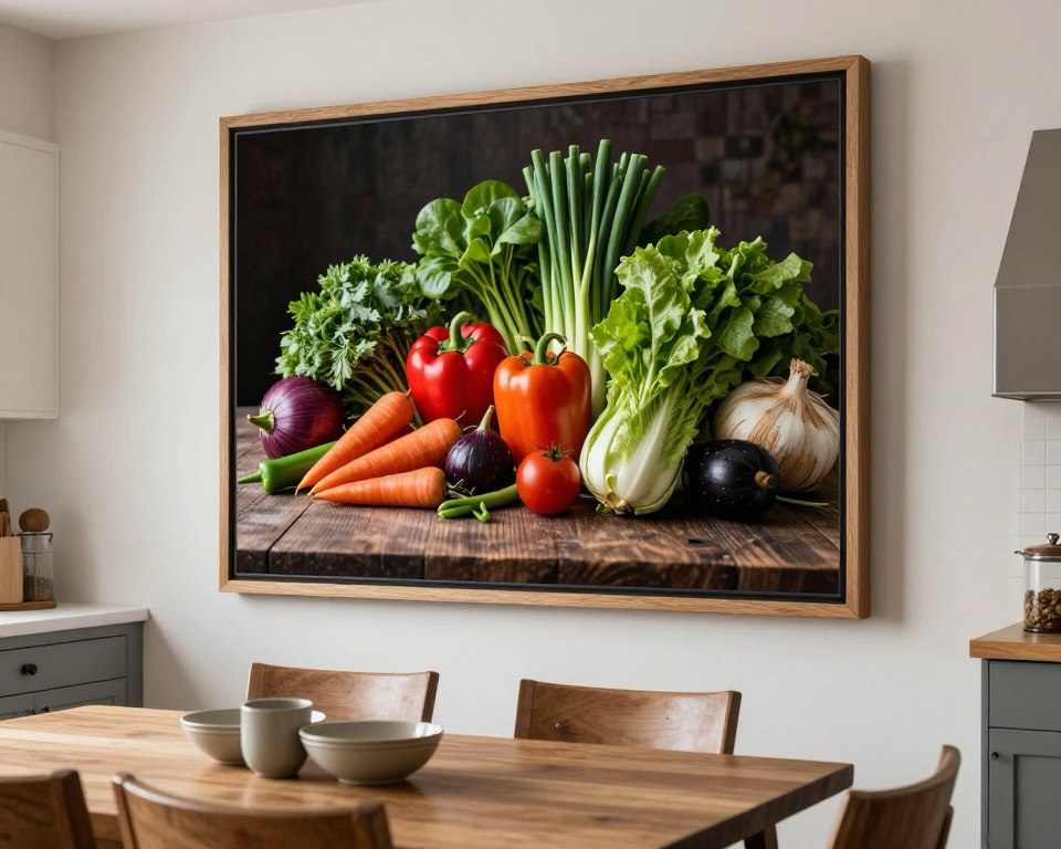 Large-scale food photography print as statement art in kitchen dining area