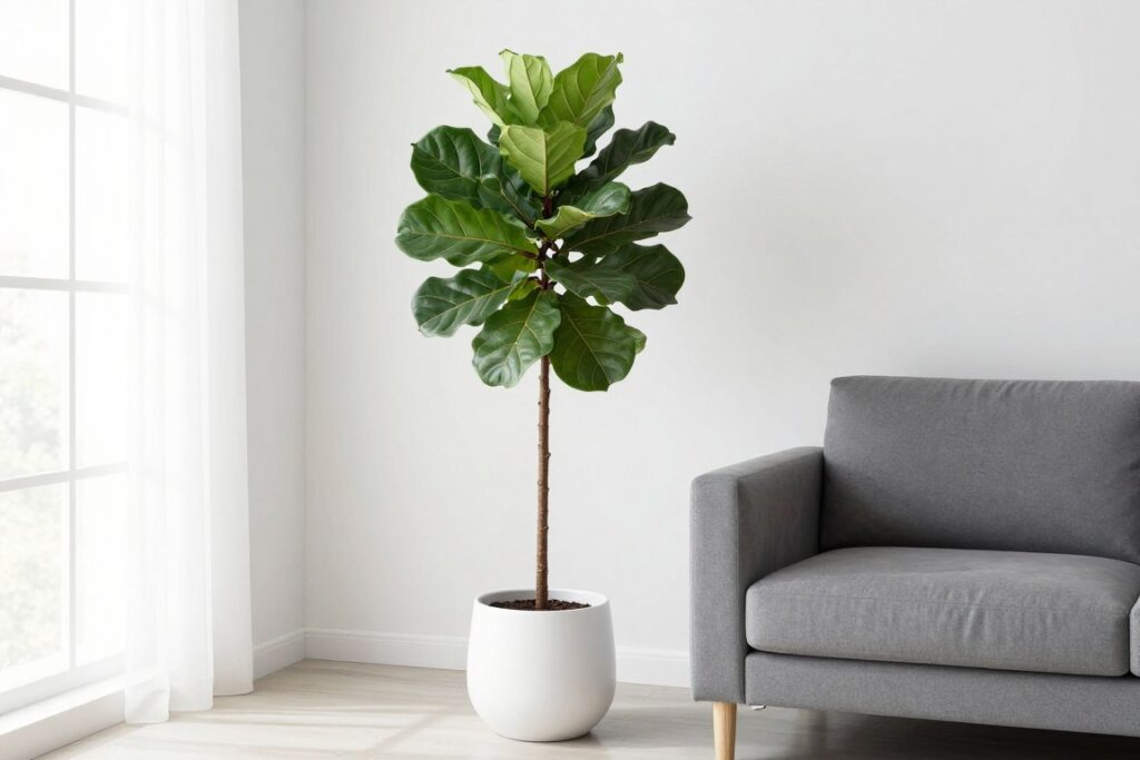 Large statement floor plant in modern interior space showing proper scale relationship with furniture, NO PEOPLE, NO HUMANS, NO HANDS