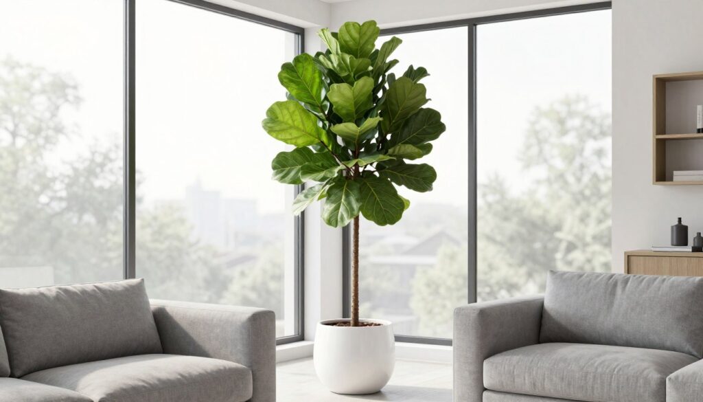 Large statement plant serving as dramatic focal point in modern living room, NO PEOPLE, NO HUMANS, NO HANDS