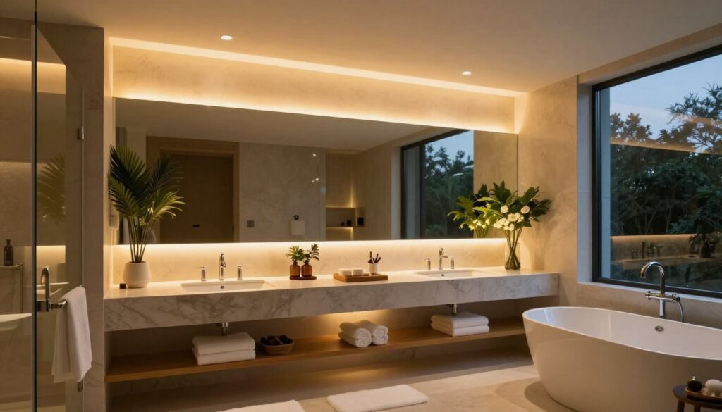 Layered lighting design in botanical luxury bathroom
