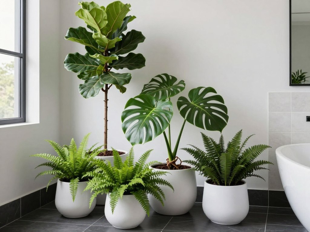 Layered plant composition in luxury bathroom corner with multiple species