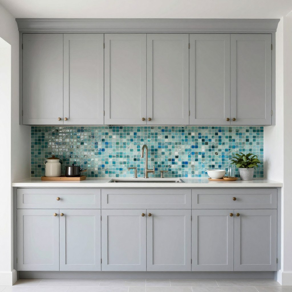 Light gray cabinets with sea glass backsplash in sophisticated coastal kitchen