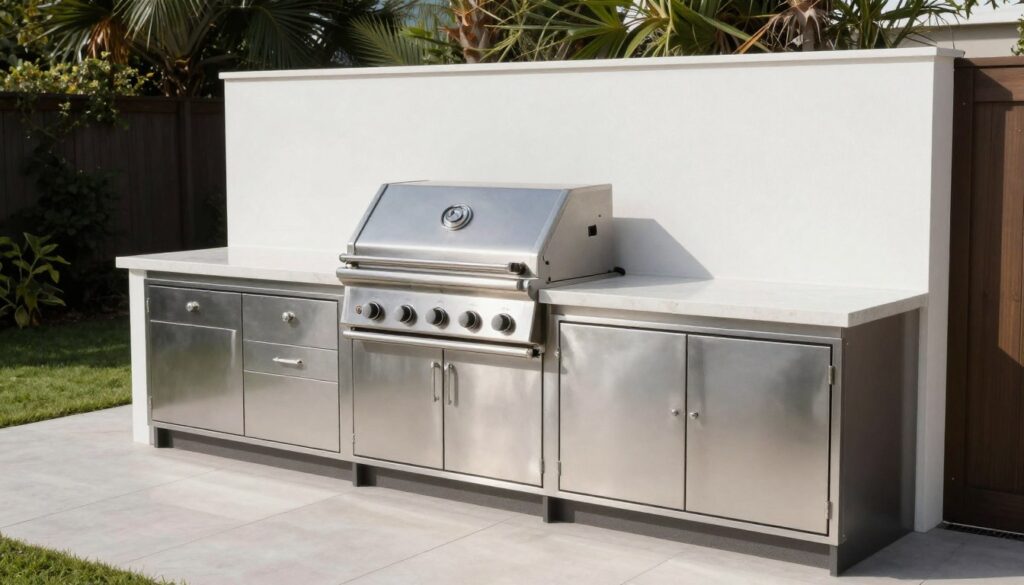 Linear galley outdoor kitchen layout along narrow patio with stainless steel grill and cabinets