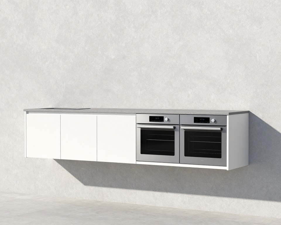 Linear outdoor kitchen installed along building wall with compact design