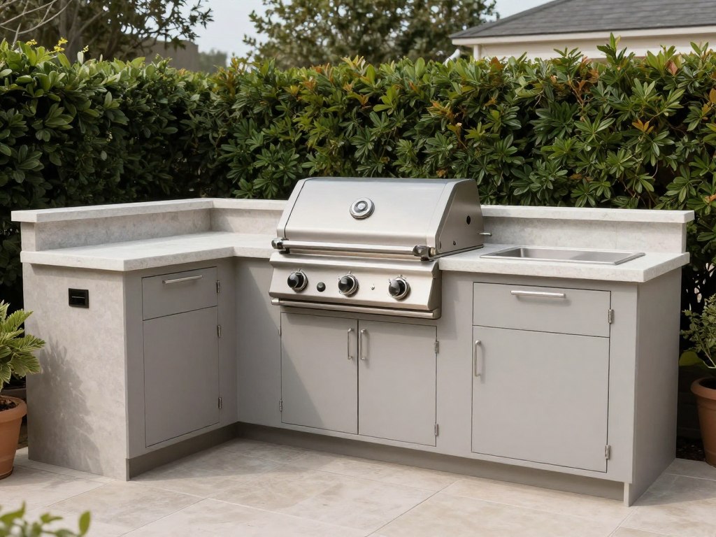 Linear outdoor kitchen with built-in grill and side burner on small patio