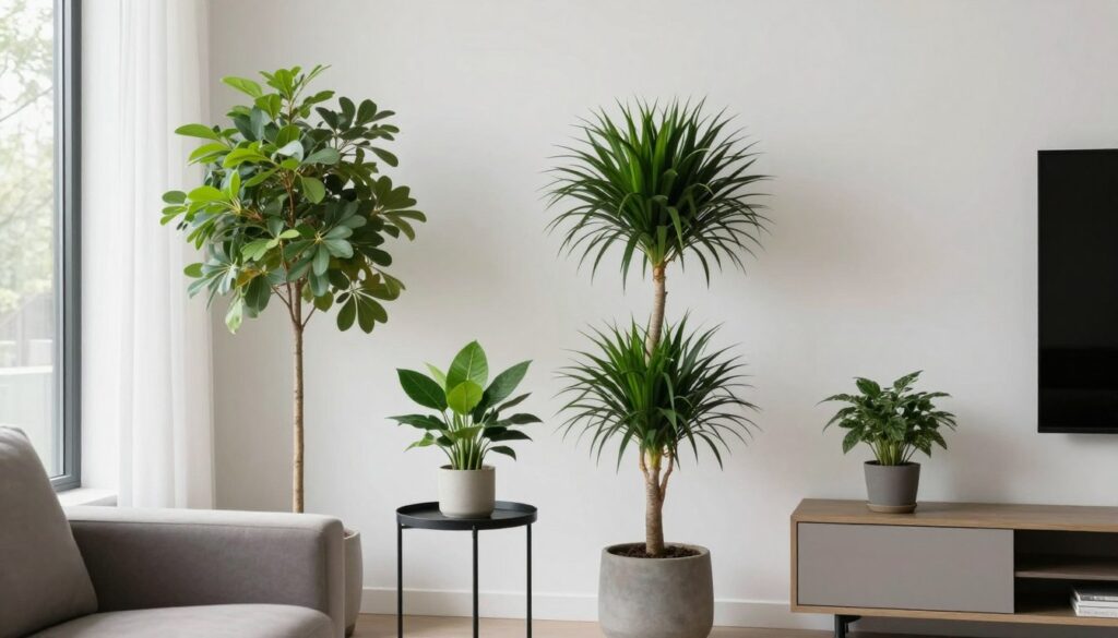 Living room showing strategic plant placement at multiple heights creating layered visual interest, NO PEOPLE, NO HUMANS, NO HANDS