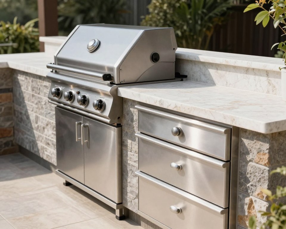 Long leg of L-shaped outdoor kitchen with grill and prep area