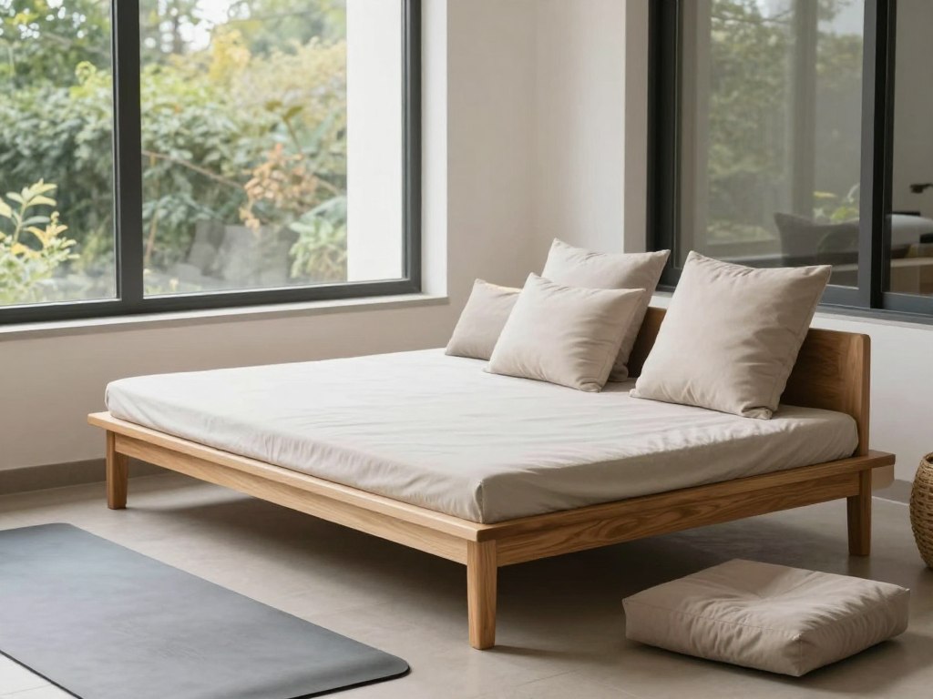 Low weatherproof daybed platform in sunroom wellness area, NO PEOPLE, NO HUMANS, NO HANDS