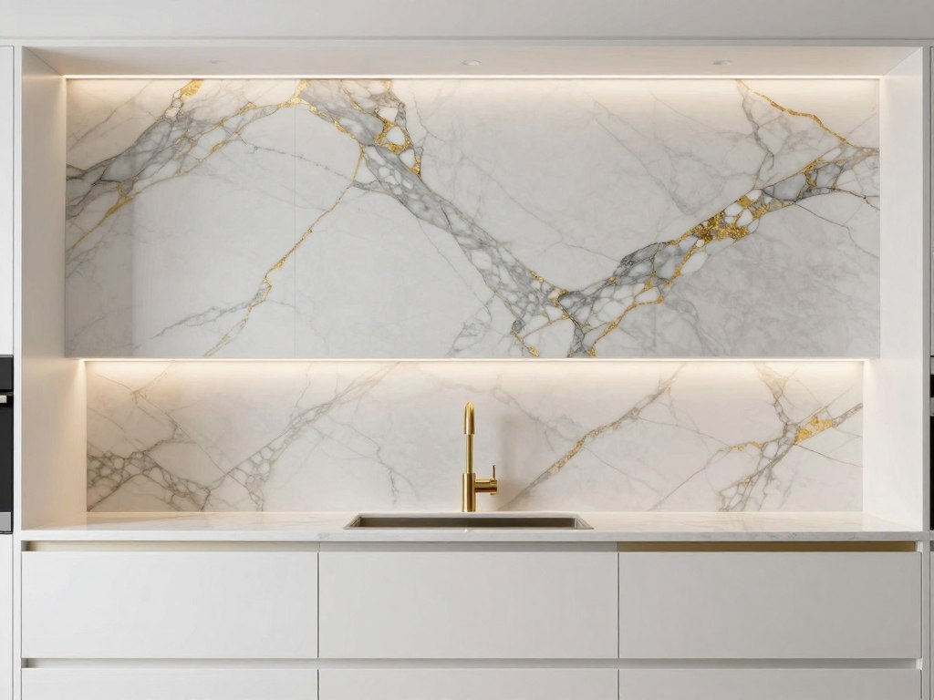 Luxurious book-matched marble slab backsplash with dramatic veining creating sophisticated focal point
