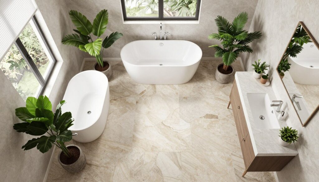 Luxury bathroom layout showing strategic plant placement throughout space