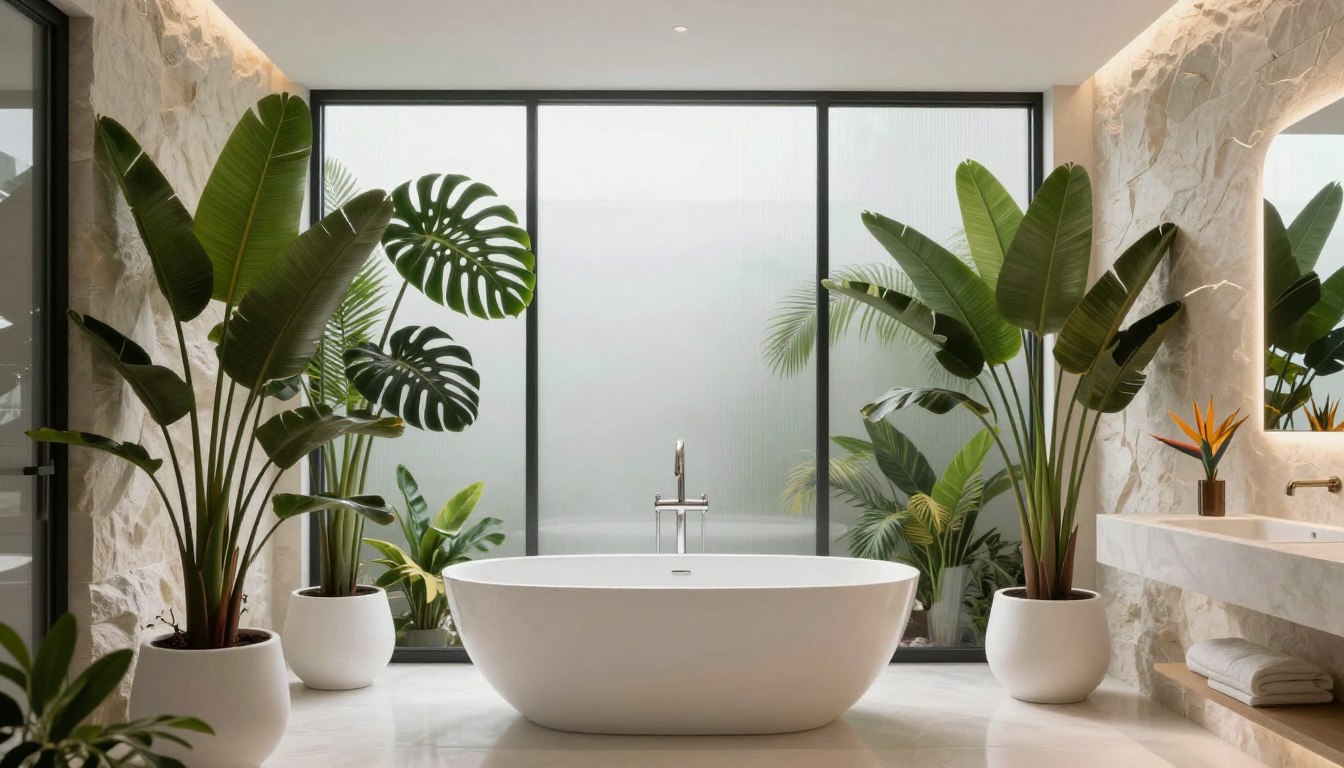 Luxury bathroom with large indoor plants featuring freestanding tub and tropical greenery
