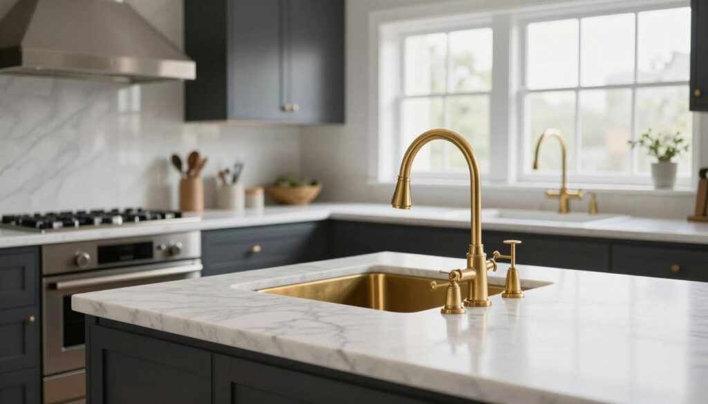 Luxury butler pantry ideas featuring white marble countertops with brass prep sink and elegant fixtures