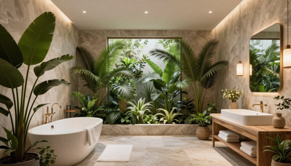 Luxury spa bathroom with integrated botanical design elements