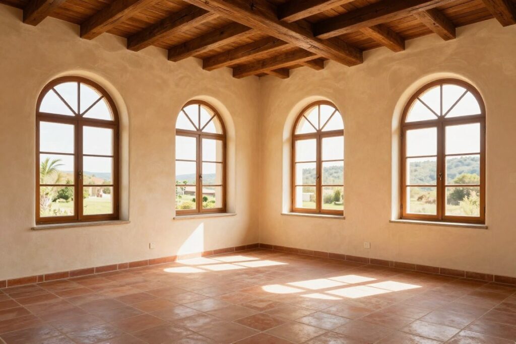 Mediterranean sunroom with terracotta floors and arched windows, empty warm-toned space