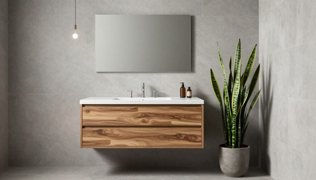 Medium-height plant positioned beside floating vanity in modern bathroom