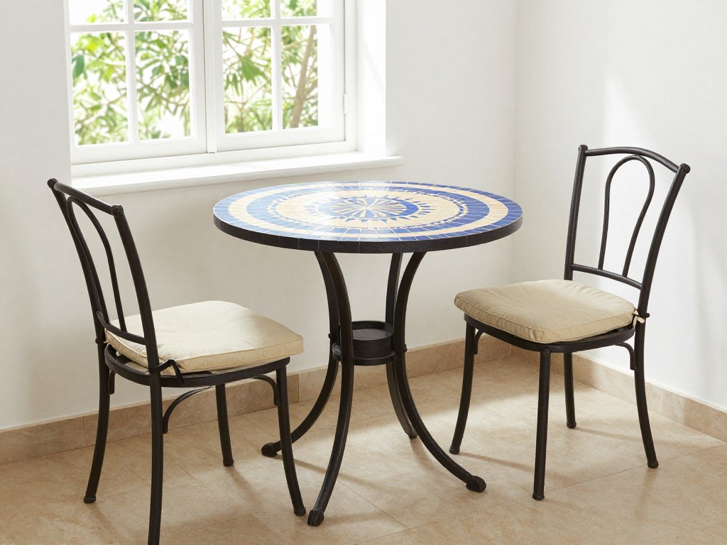 Metal bistro table with mosaic top and matching chairs, NO PEOPLE, NO HUMANS, NO HANDS