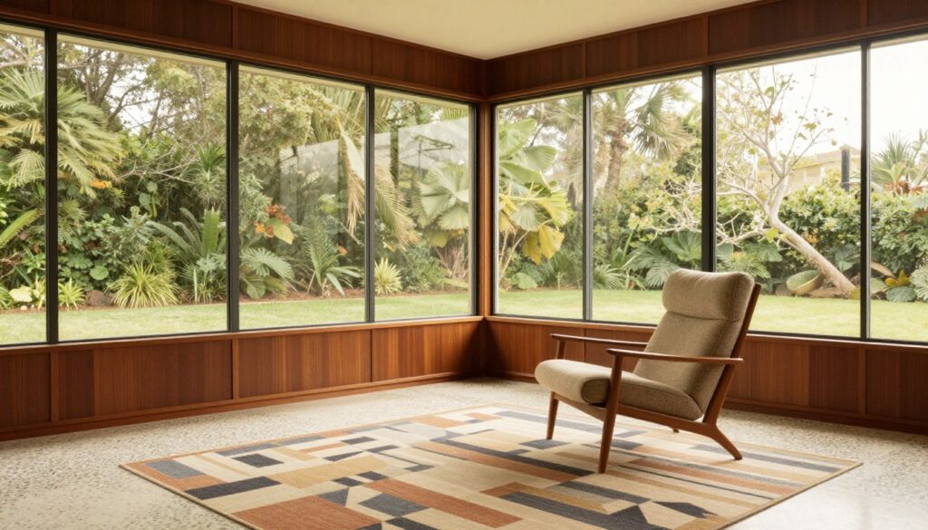 Mid-century modern sunroom with clean lines and iconic furniture, empty stylish space