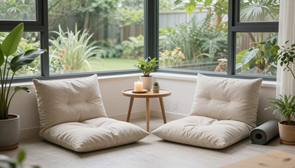 Minimalist meditation corner in sunroom with floor cushions, NO PEOPLE, NO HUMANS, NO HANDS