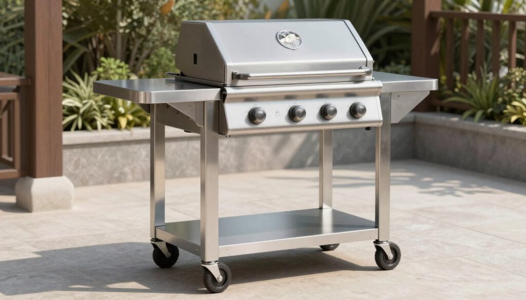 Mobile outdoor kitchen cart with grill and storage on patio