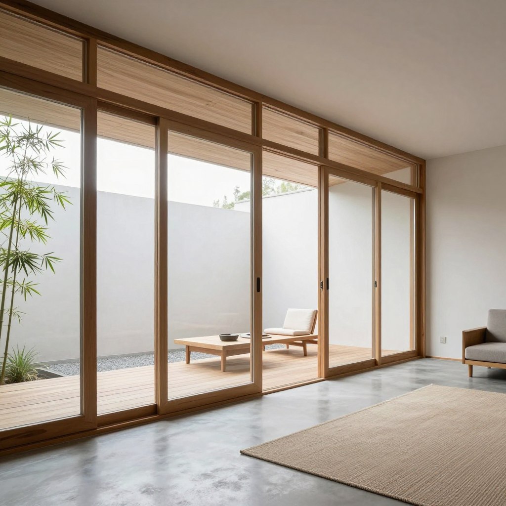 Modern Japanese fusion sunroom with glass panels and contemporary furniture, empty minimalist space