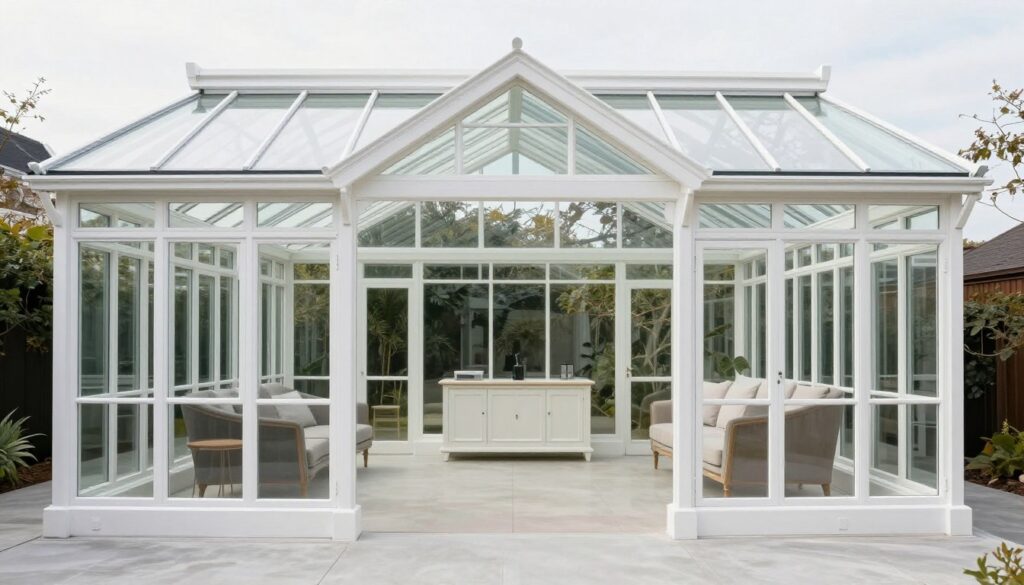 Modern Victorian sunroom with simplified framework and contemporary furniture, empty minimalist space