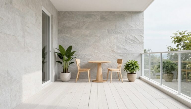 Modern balcony design featuring white oak flooring and stone wall accents in Scandinavian style