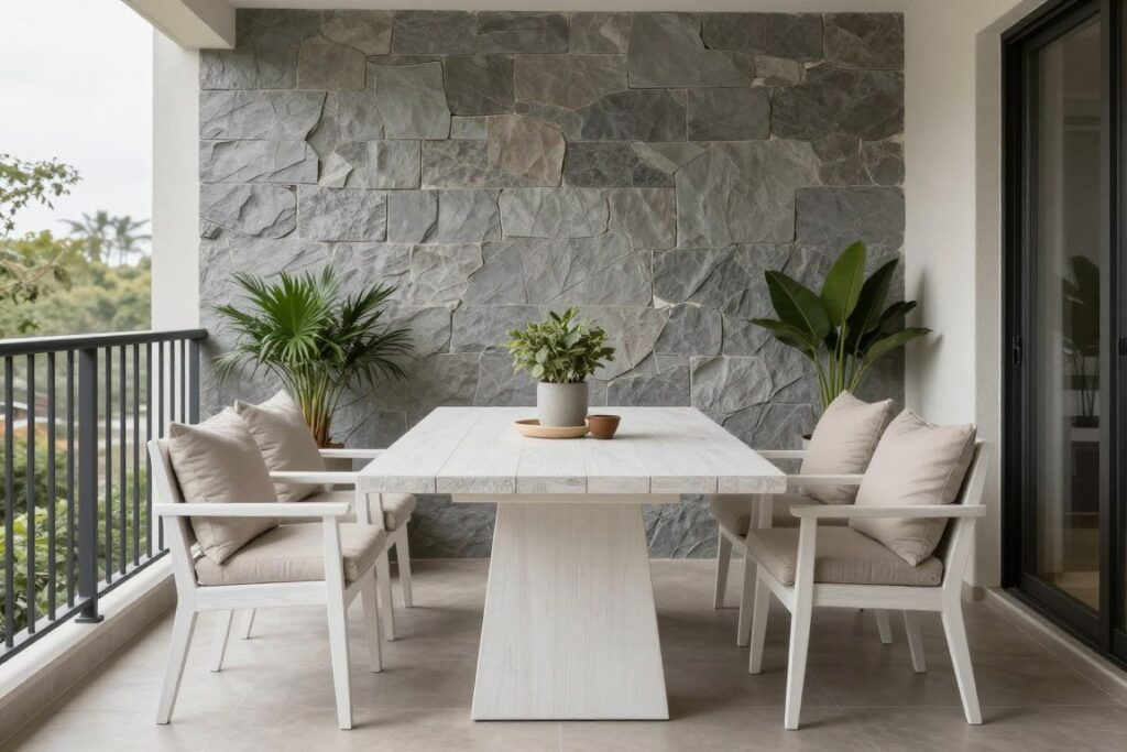 Modern balcony showing contrast between white oak furniture and stone wall elements