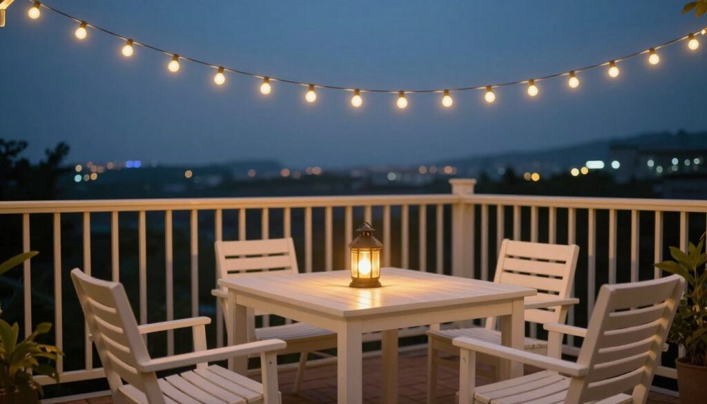 Modern balcony with layered lighting including string lights and lanterns