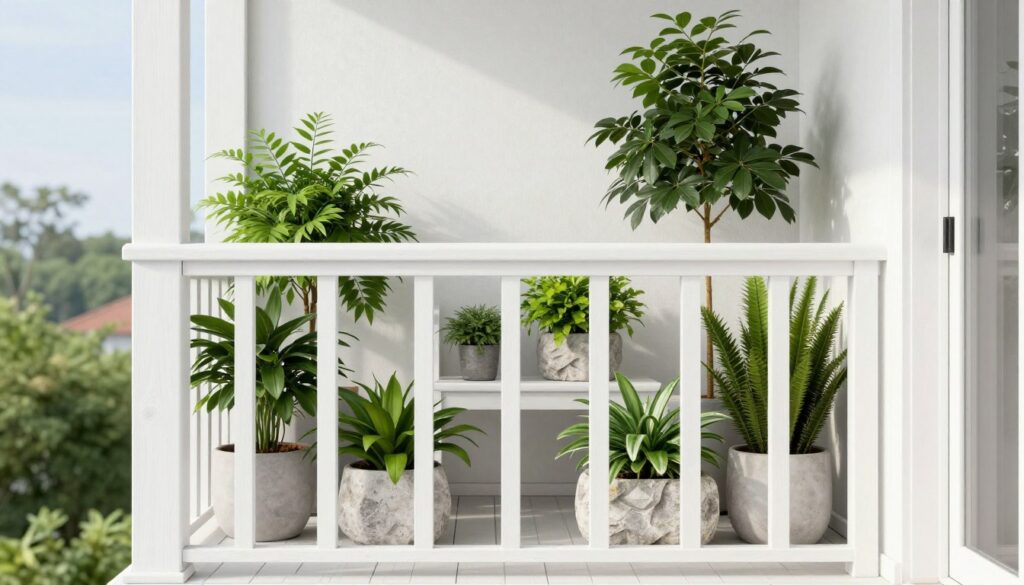 Modern balcony with minimalist plant arrangement in stone planters