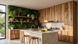 Modern biophilic kitchen design featuring natural wood cabinets, abundant plants, and large windows with natural light