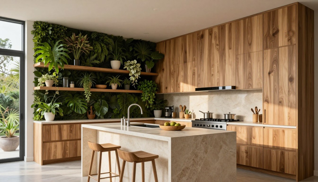 Modern biophilic kitchen design featuring natural wood cabinets, abundant plants, and large windows with natural light