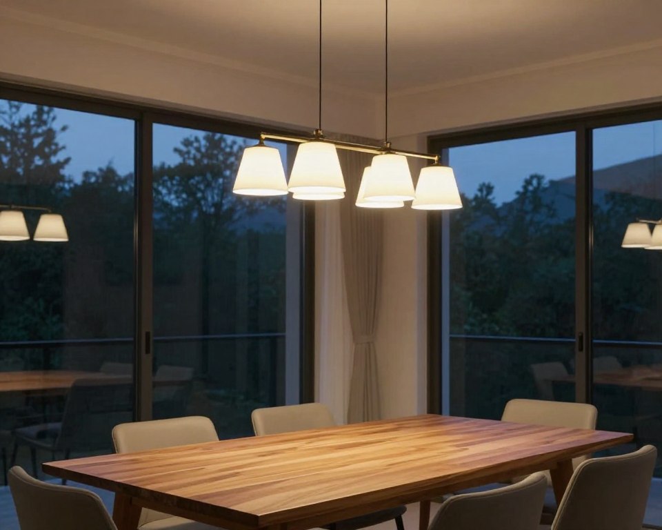 Modern chandelier above dining table in sunroom, NO PEOPLE, NO HUMANS, NO HANDS
