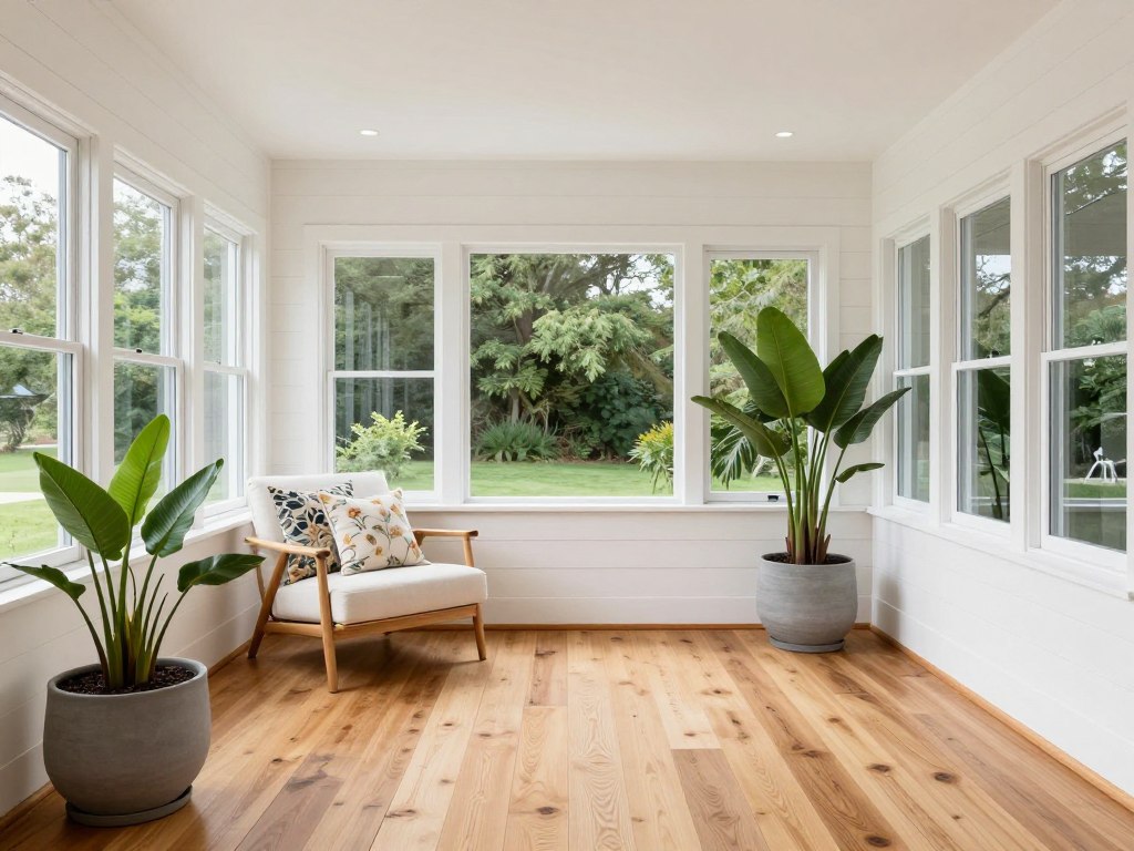 Modern cottage sunroom with clean lines and selective vintage pieces, empty fresh space