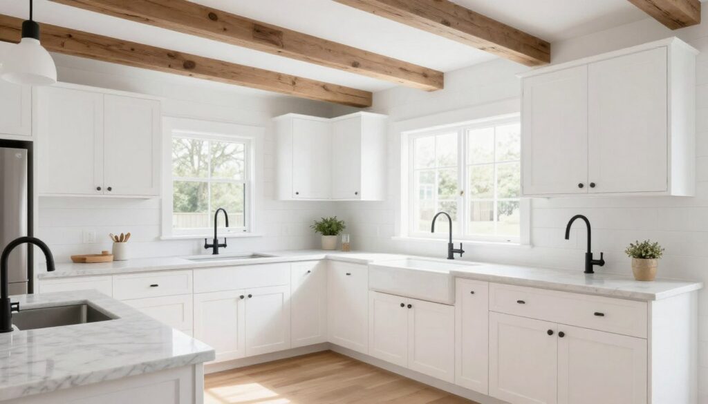 Modern farmhouse kitchen with white shiplap walls, exposed beams, and contemporary fixtures balancing old and new