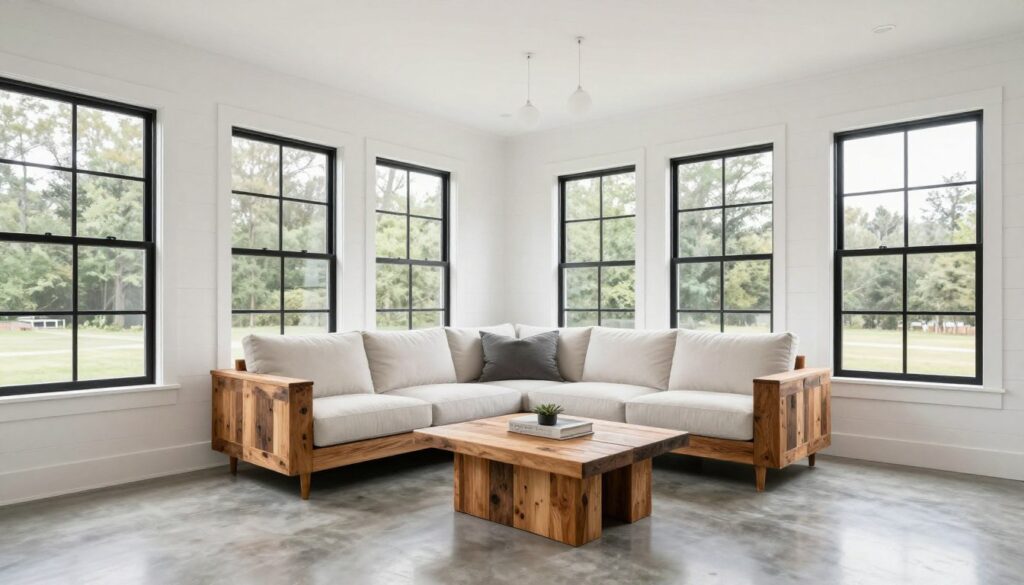 Modern farmhouse sunroom with clean white walls and selective rustic accents, empty bright space