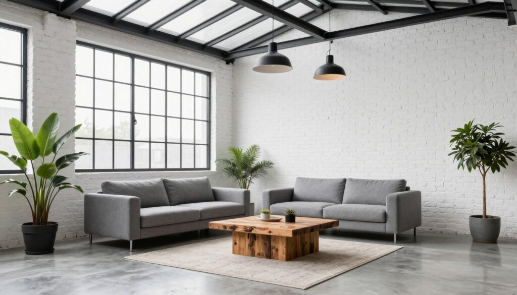 Modern industrial sunroom with refined elements and comfortable seating, empty sophisticated space