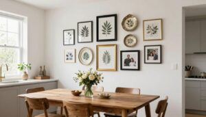 Modern kitchen gallery wall with mixed frames and artwork above dining table