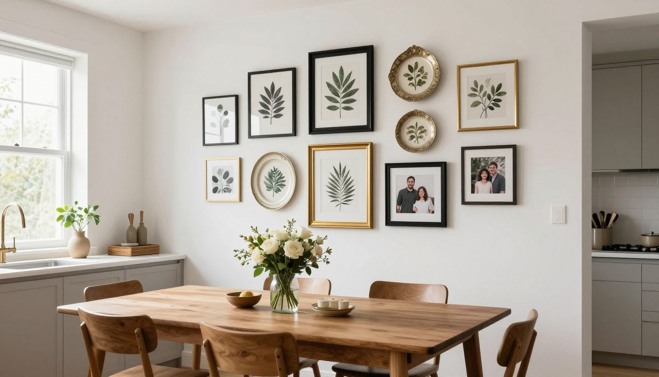 Modern kitchen gallery wall with mixed frames and artwork above dining table