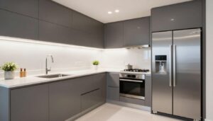 Modern kitchen layout showing work triangle between sink, stove, and refrigerator