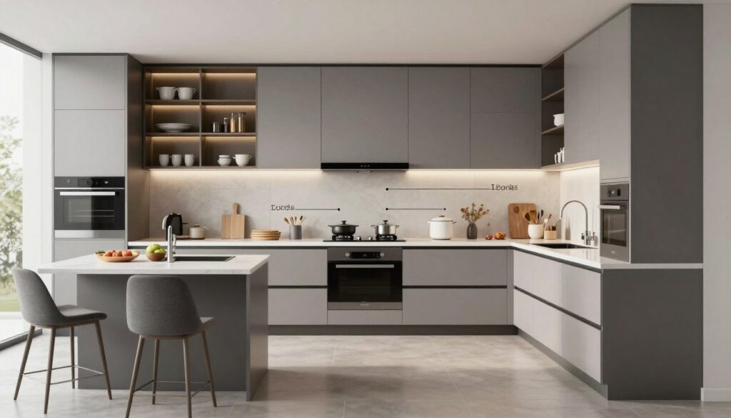 Modern kitchen with distinct work zones labeled and organized