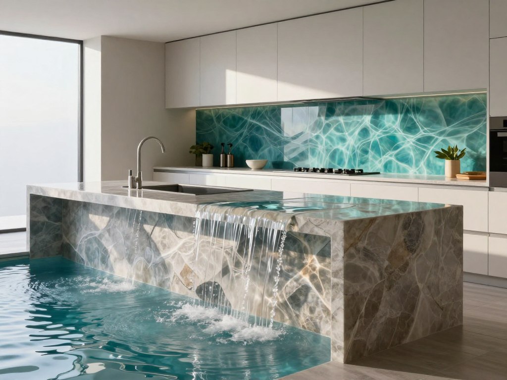 Modern kitchen with waterfall countertop edge and water-inspired design elements