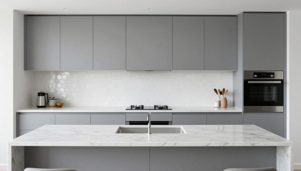Modern minimalist kitchen with geometric sea glass tile pattern