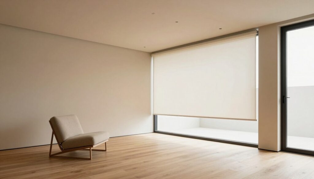 Modern minimalist sunroom with warm neutrals and integrated technology, empty sophisticated space
