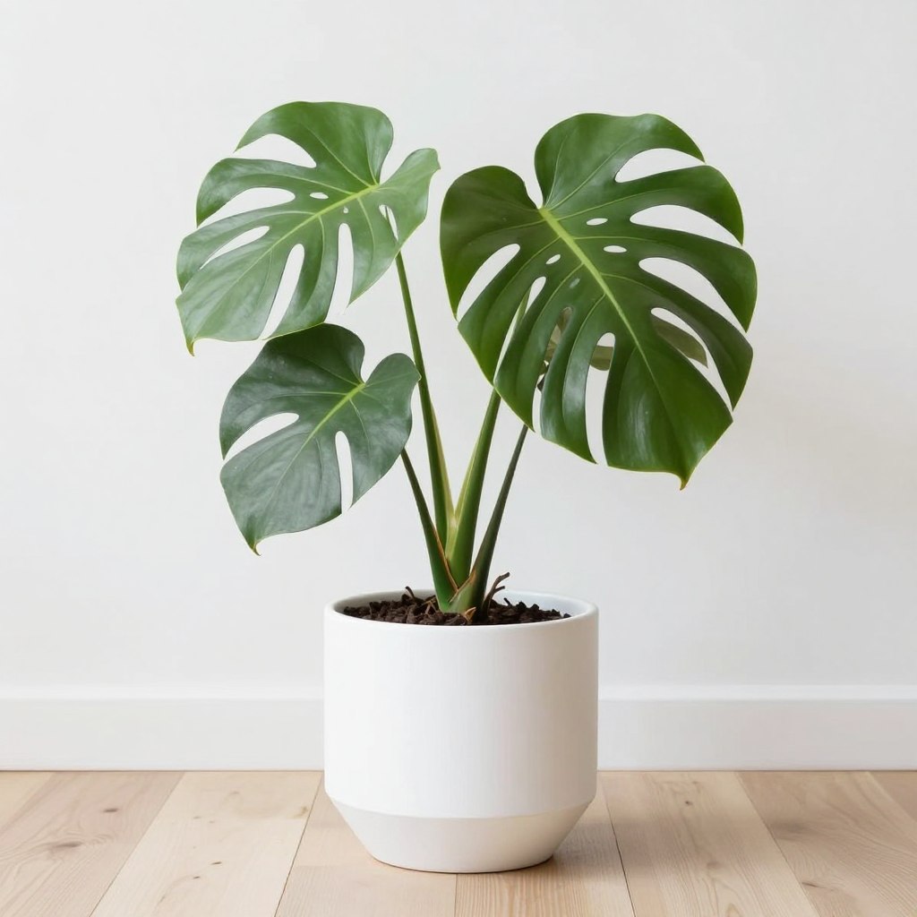 Modern minimalist white ceramic planter with clean lines holding a lush green plant, NO PEOPLE, NO HUMANS, NO HANDS
