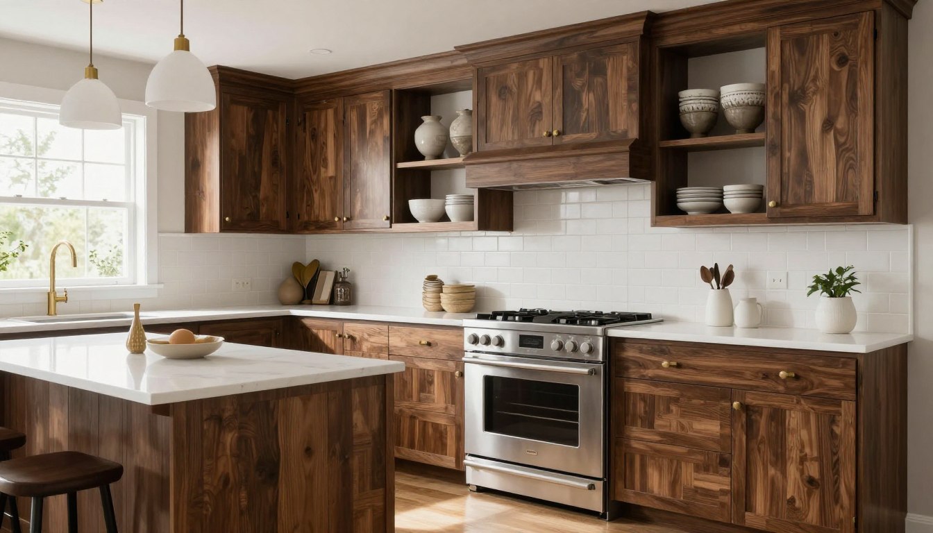 Modern rustic kitchen featuring dark walnut kitchen cabinets with open shelving and pendant lighting