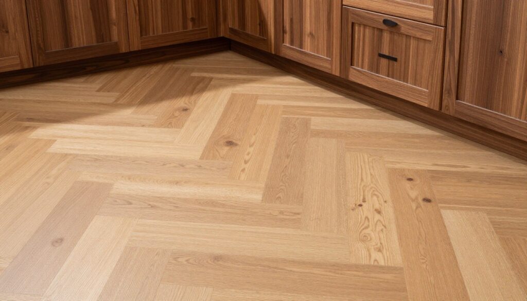 Modern rustic kitchen floor showing light oak hardwood flooring beneath dark walnut cabinets