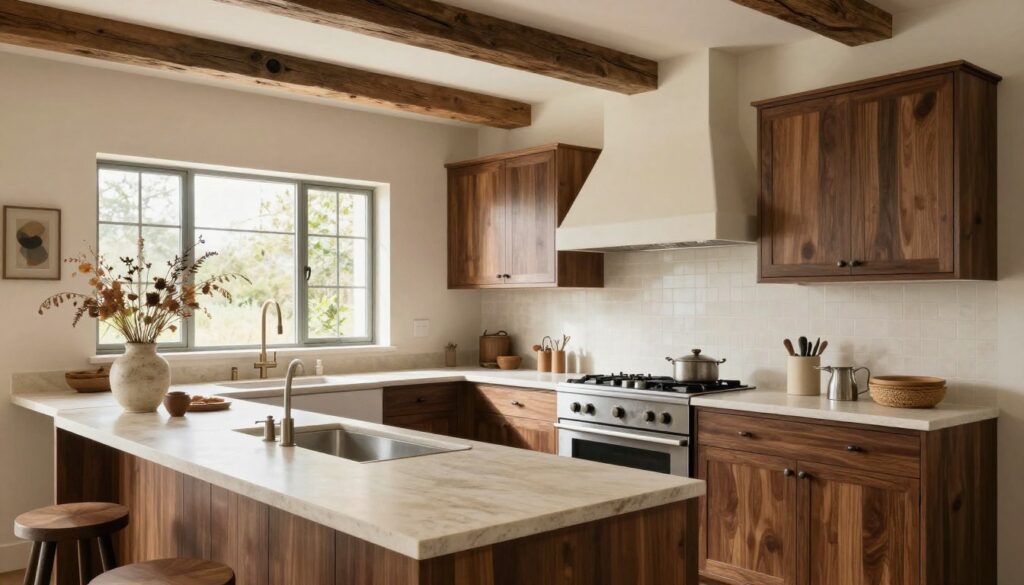 Modern rustic kitchen with dark walnut cabinets paired with cream walls and natural textures