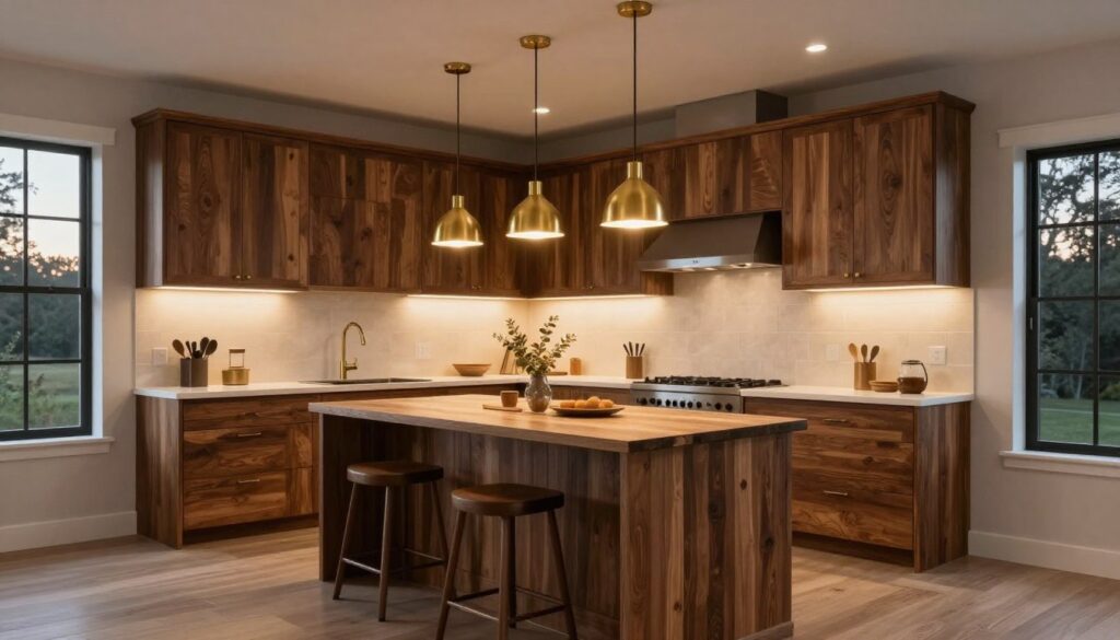 Modern rustic kitchen with layered lighting including pendant lights, under-cabinet lighting, and recessed ceiling lights
